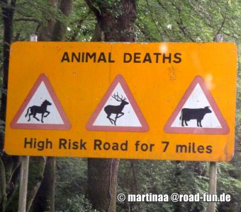 Gefahrenschild England - Pferde, Hirsche und Kühe